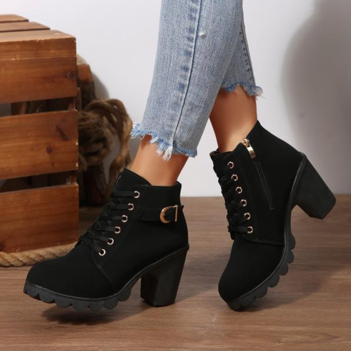 Katni™ - Chic Lace-Up Metal Buckle Chunky Ankle Boots