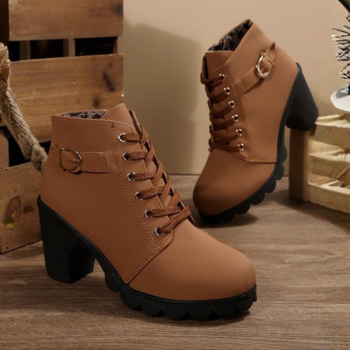 Katni™ - Chic Lace-Up Metal Buckle Chunky Ankle Boots