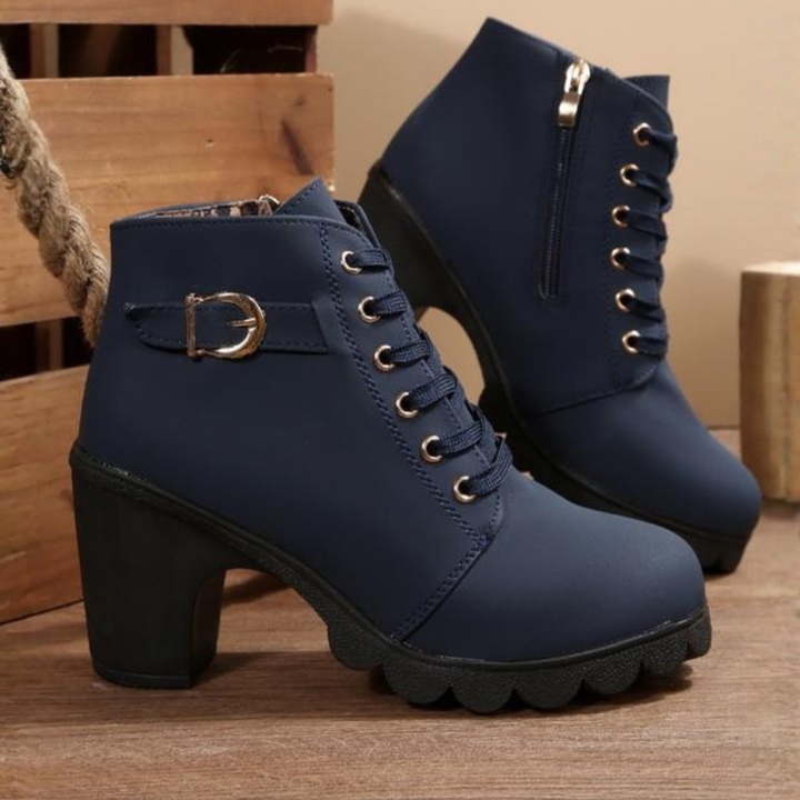 Katni™ - Chic Lace-Up Metal Buckle Chunky Ankle Boots