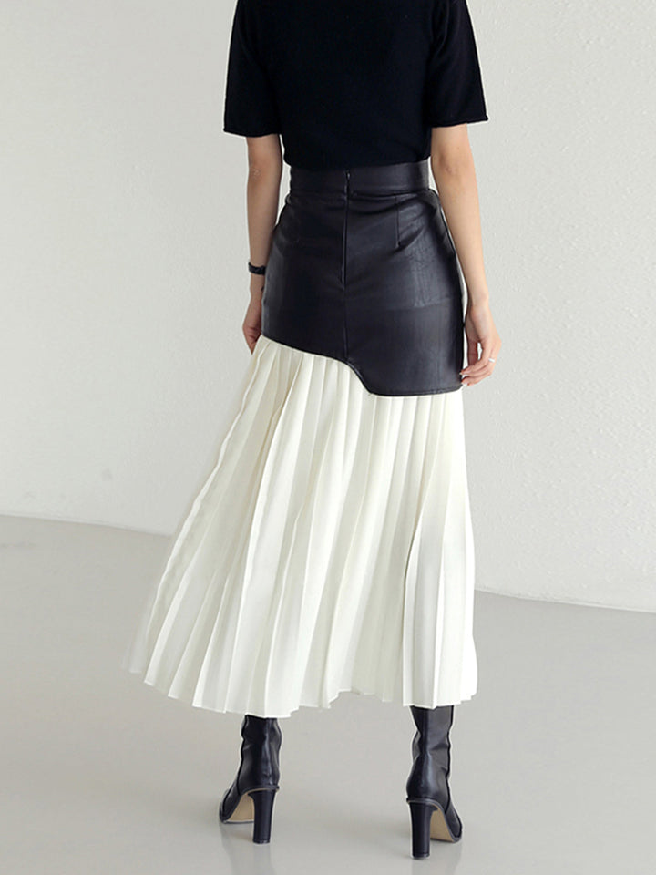 Asymmetric Faux Leather Pleated Maxi Skirt