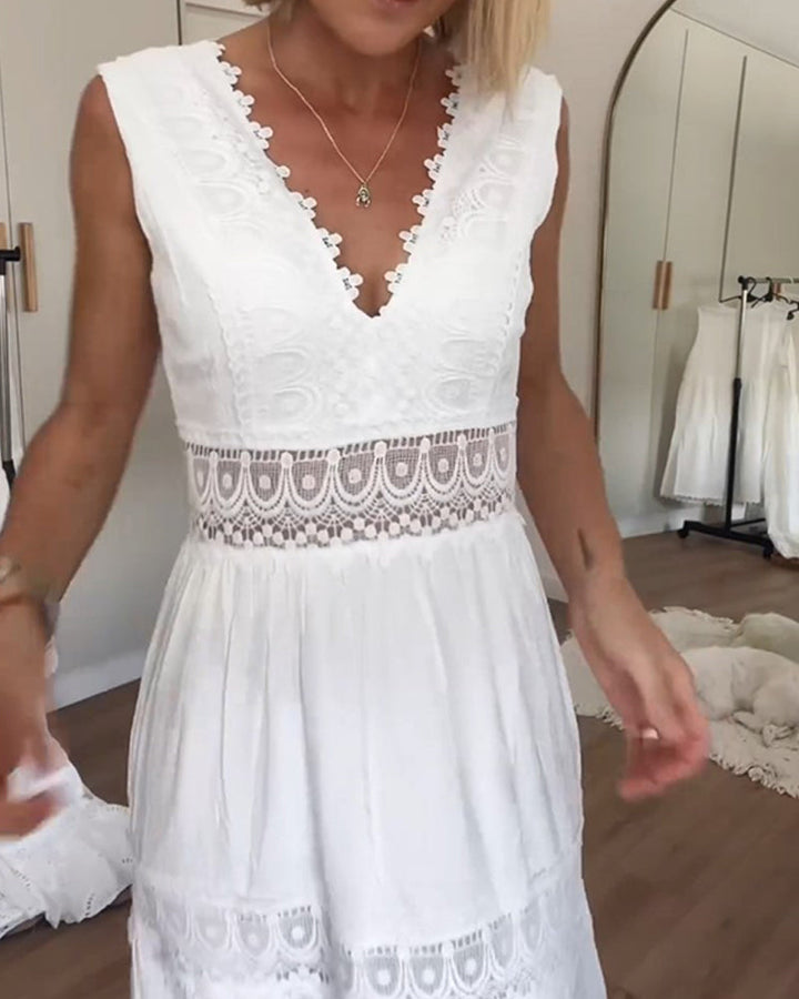 Cute Airy White Summer Midi dress with lace and V-neck
