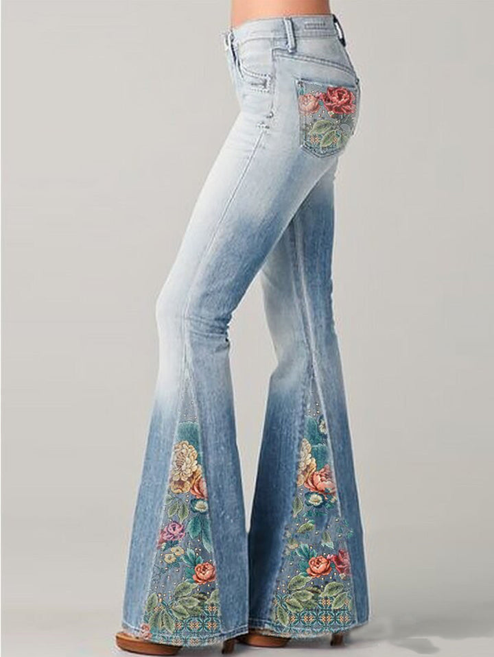 Women's Bootcut Denim Jeans with Flower Embroidered