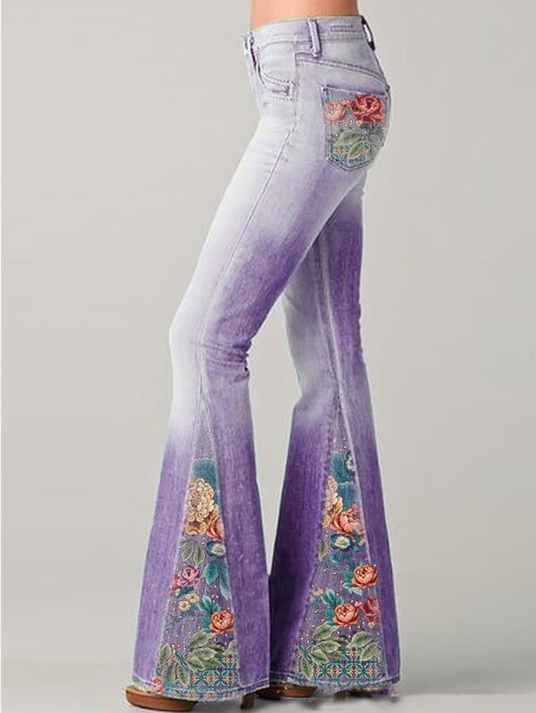 Women's Bootcut Denim Jeans with Flower Embroidered