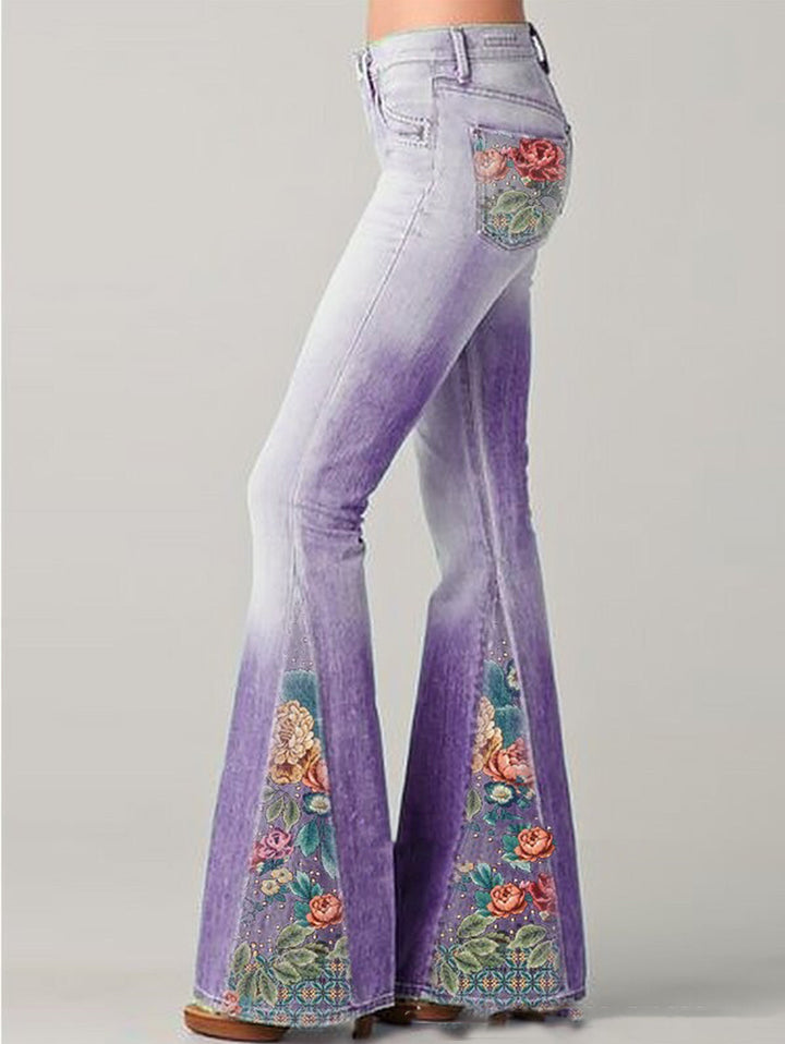 Women's Bootcut Denim Jeans with Flower Embroidered