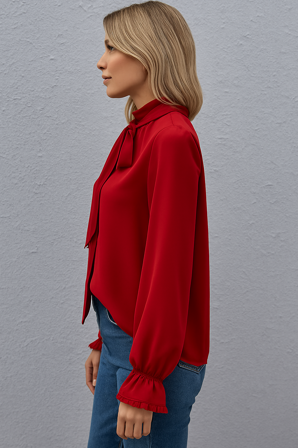 Long Sleeve Blouse with Tie Neck