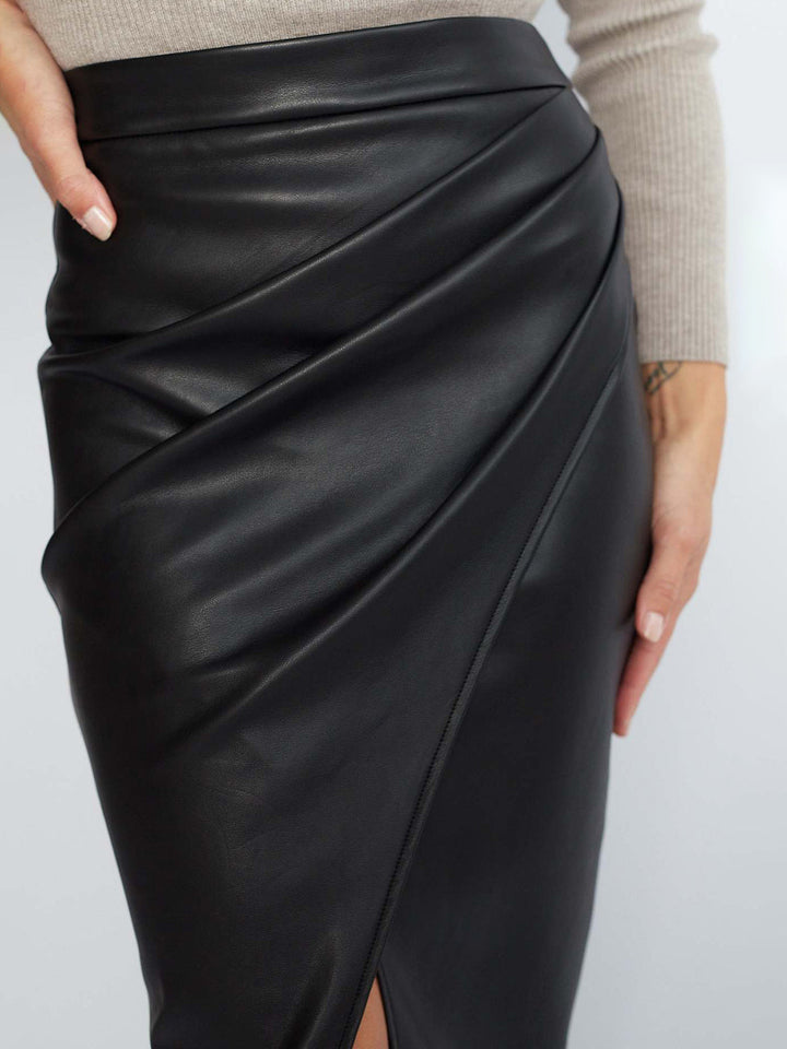Faux Leather Pleated Split Skirt