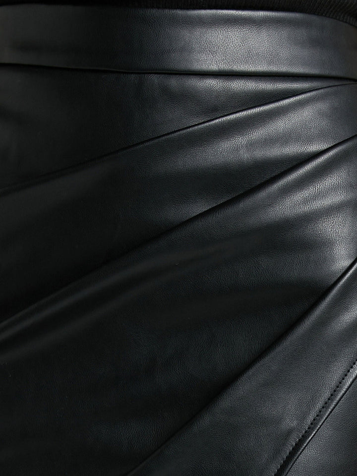 Faux Leather Pleated Split Skirt