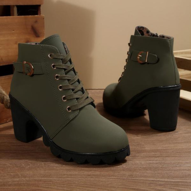 Katni™ - Chic Lace-Up Metal Buckle Chunky Ankle Boots