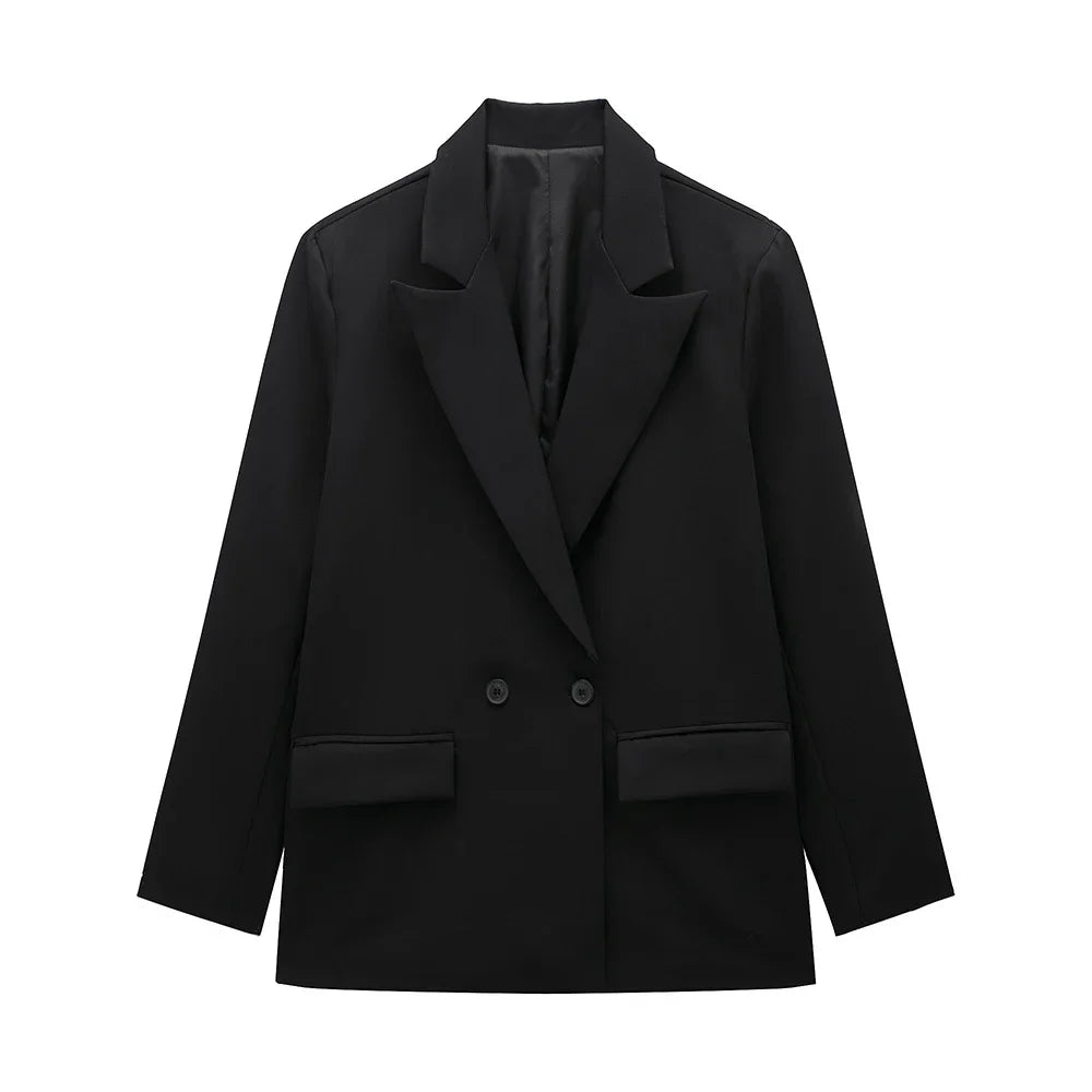 Women’s Classic Tailored Black Blazer – Elegant Double-Breasted Casual Chic Jacket