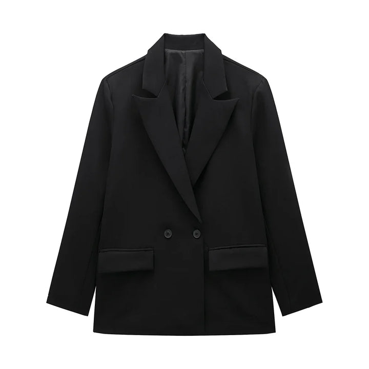 Women’s Classic Tailored Black Blazer – Elegant Double-Breasted Casual Chic Jacket