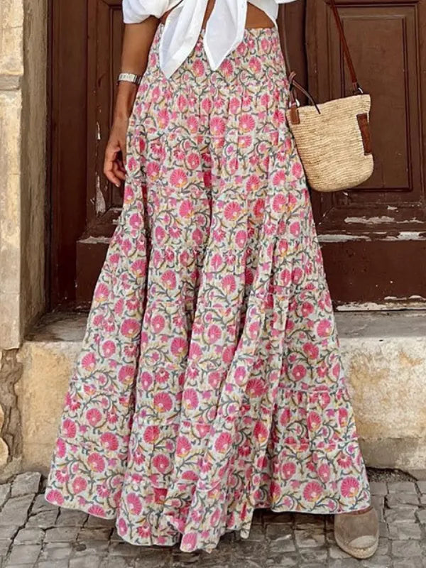 Summer Floral Print Boho Maxi Skirt