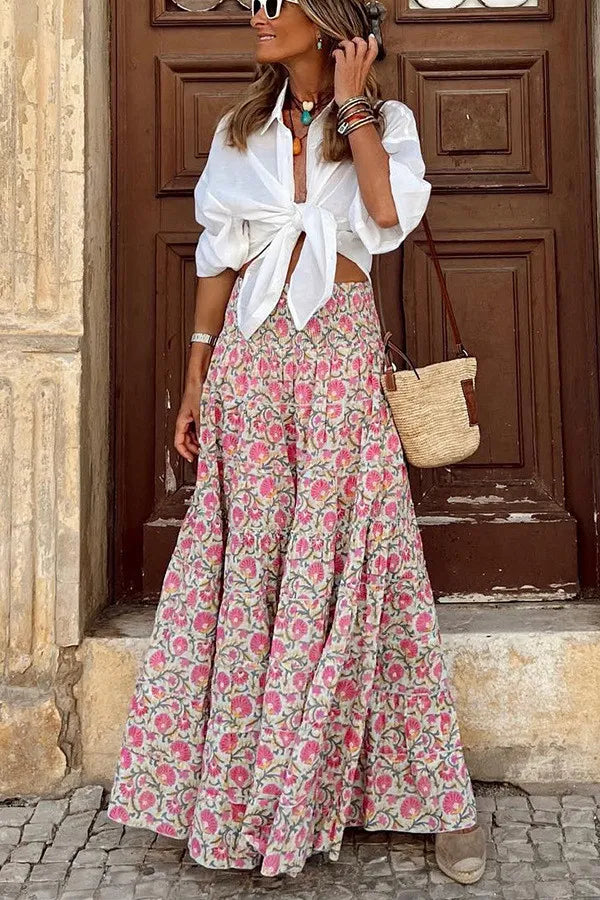 Summer Floral Print Boho Maxi Skirt