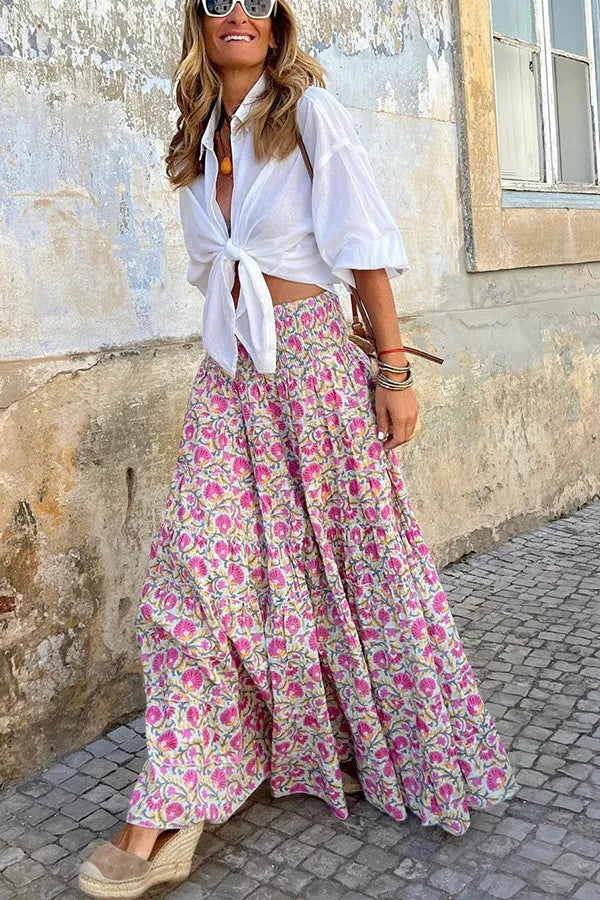 Summer Floral Print Boho Maxi Skirt