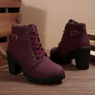 Katni™ - Chic Lace-Up Metal Buckle Chunky Ankle Boots
